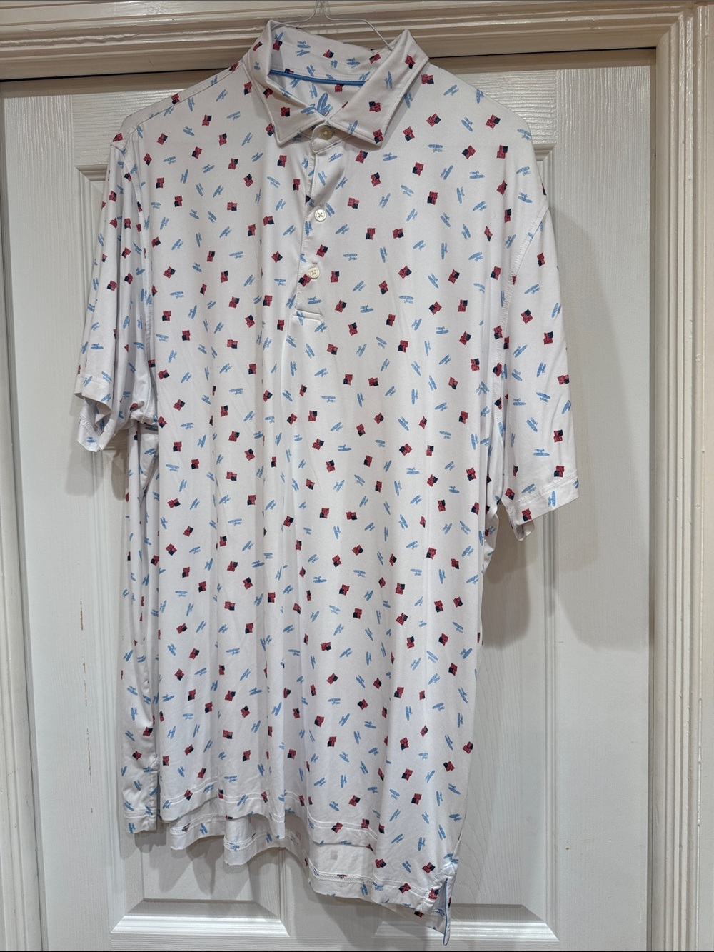 White Short-Sleeve Polo with Red and Blue Micro Print